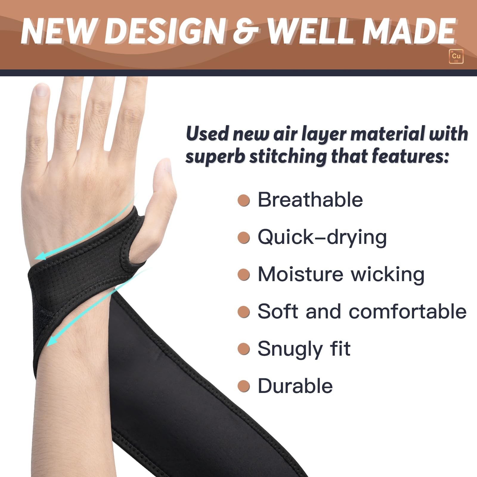 Copper Carpal Tunnel Wrist Brace 2 Pack, Support for Pain Relief