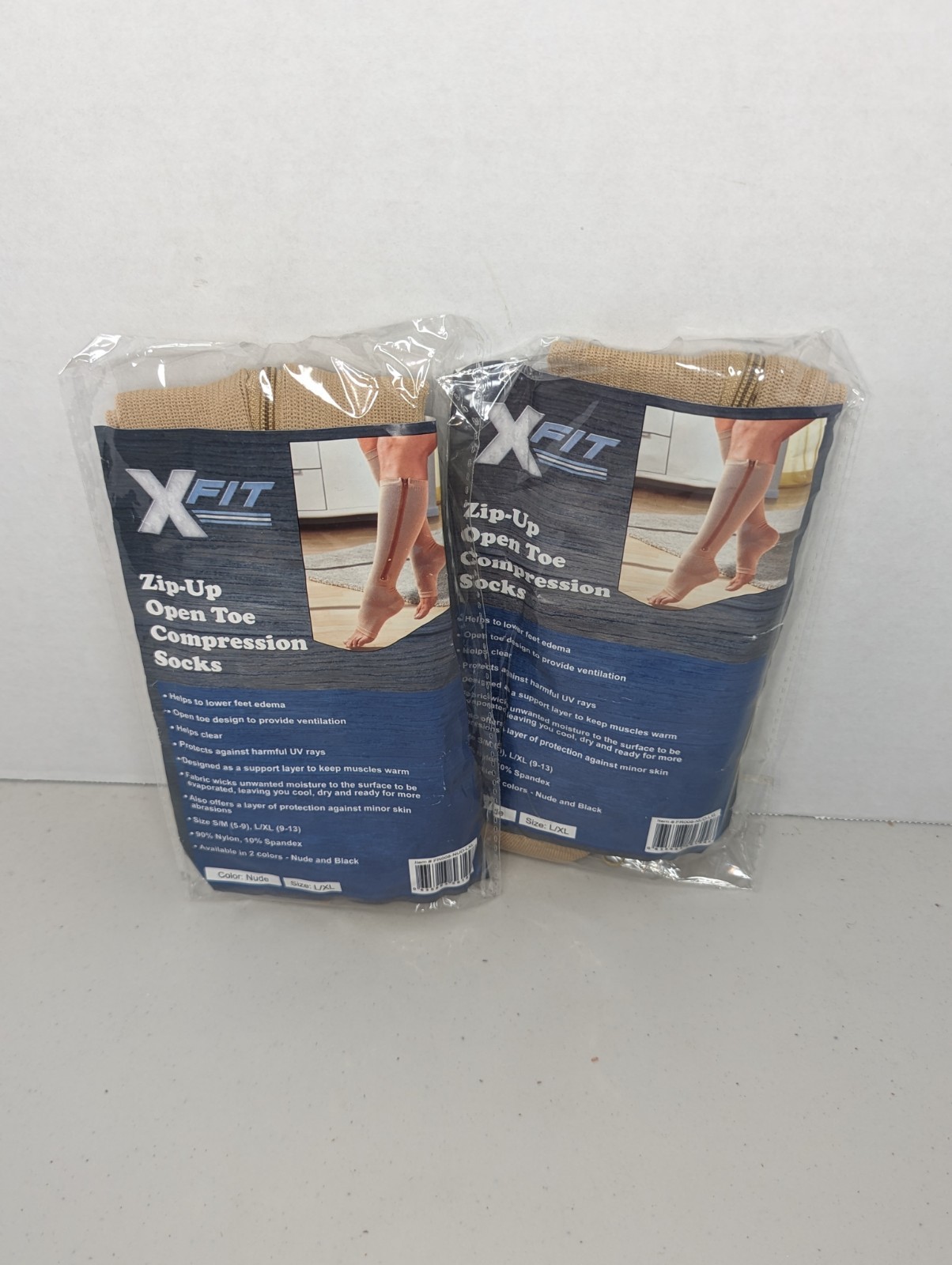 2 Pair XFit Zippe Open Toe Compression Socks Beige Size L/XL
