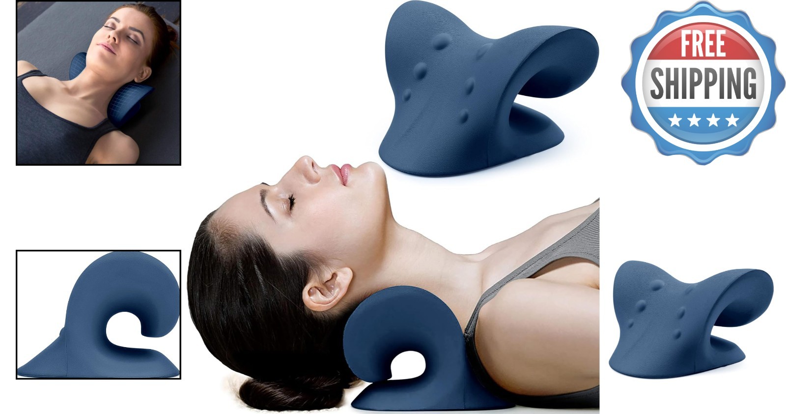 Luxury Chiropractic Pillow – Neck Stretcher for Cervical Support – Dark Blue