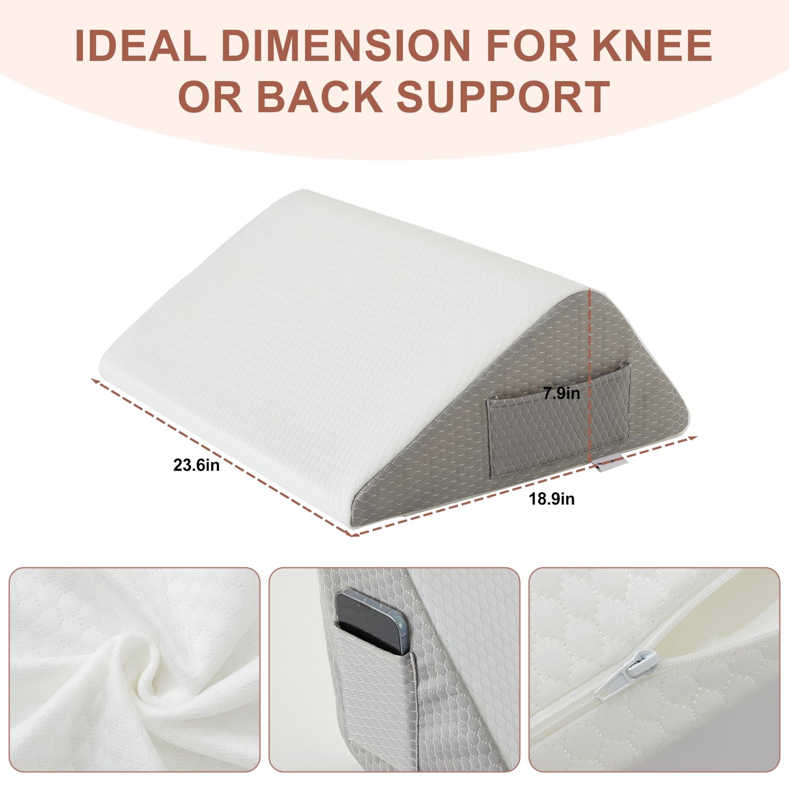 Bedluxe Knee Pillow for Back Sleeping, Leg 23.6*18.9*7.9 Inch, White/Grey