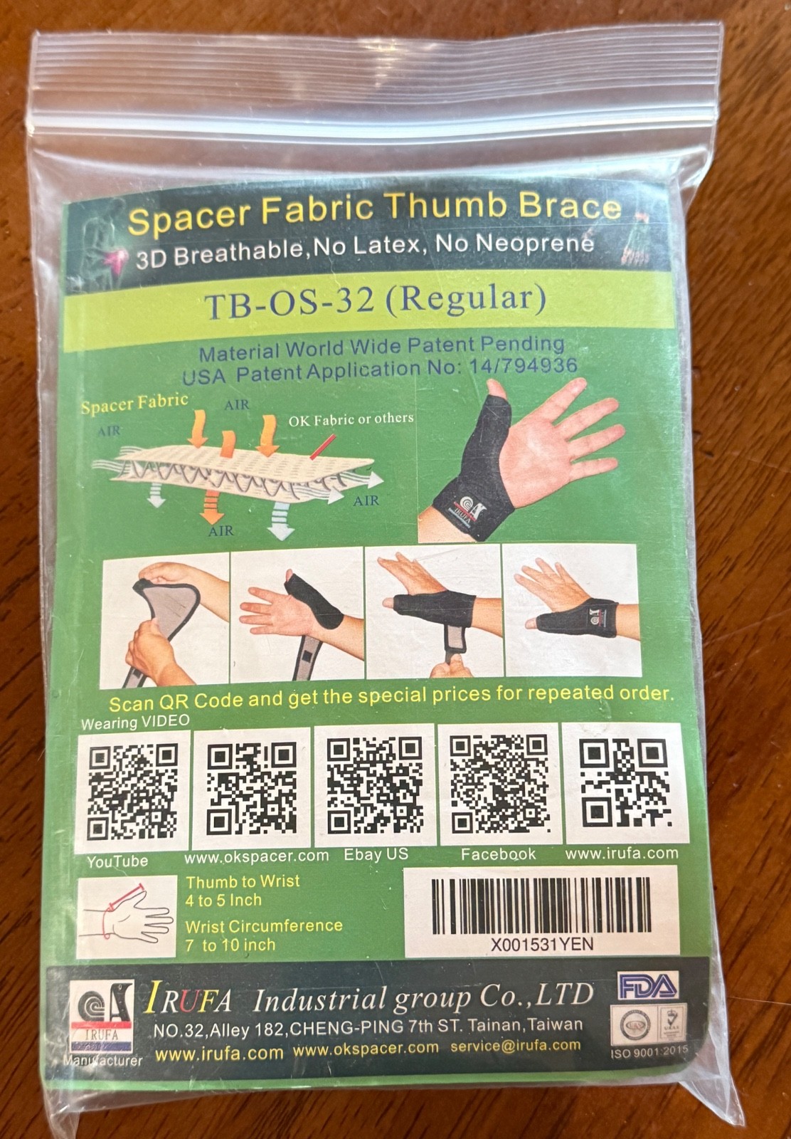 IRUFA Spacer Fabric Thumb Brace Splint Support Wrap Size Regular TB-OS-32 TC