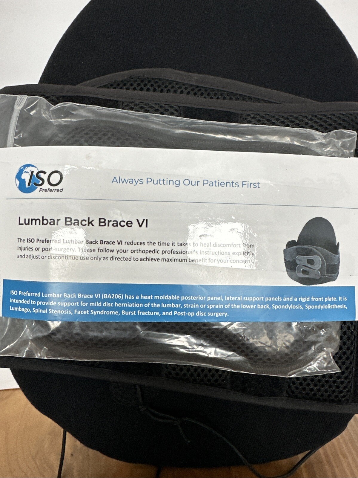 ISO Preferred Lumbar Back Brace VI ISO-BA206 Black Patient Care Posterior Panel