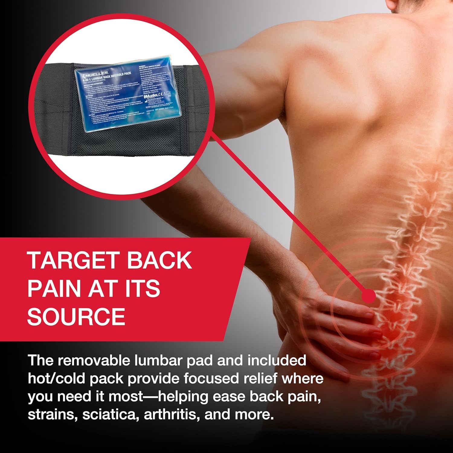 MUELLER Sports Medicine 4-in-1 Lumbar Back Brace with Hot/Cold Pack, Ideal for U