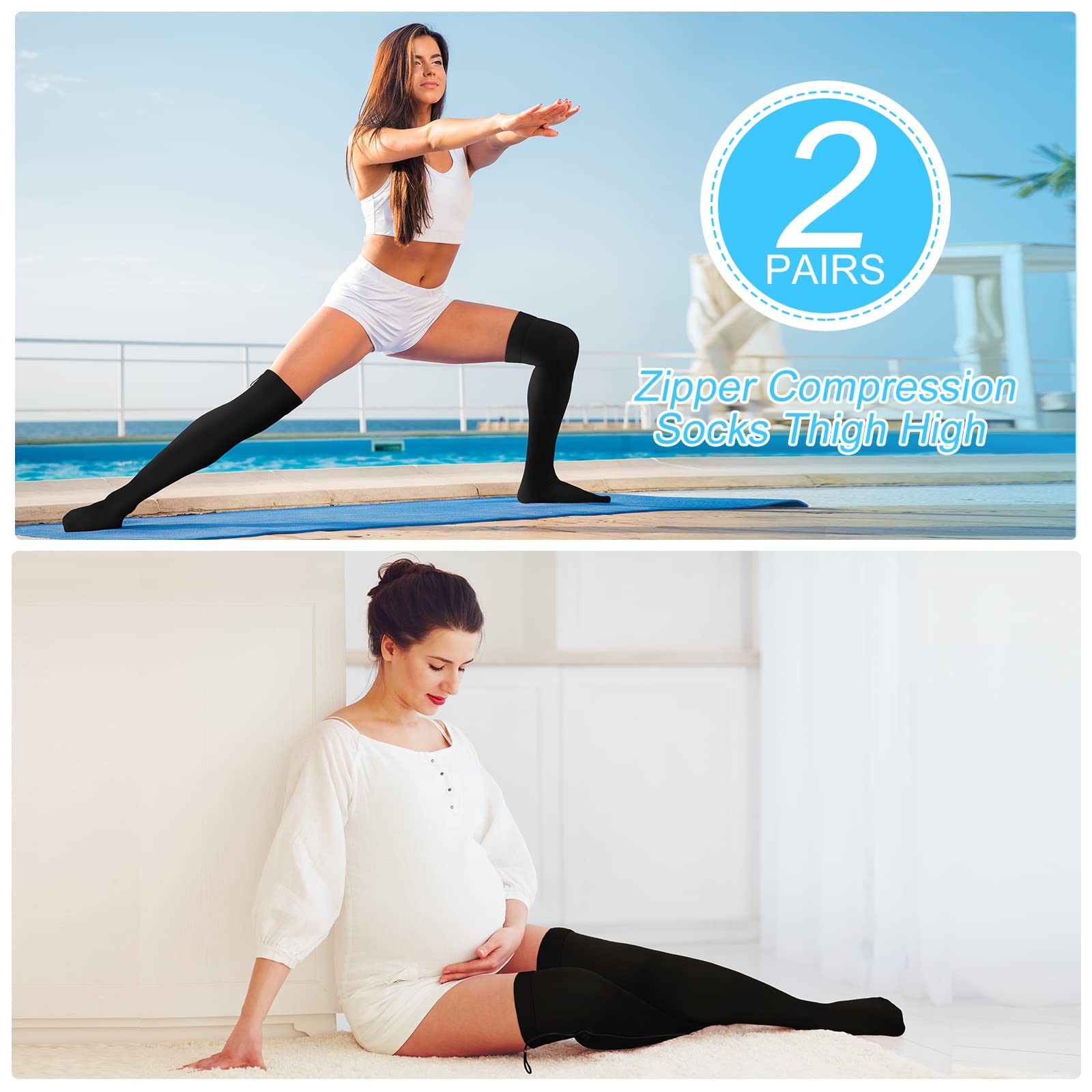 Sosation 2 Pairs Zipper Compression Socks Thigh High 20-30 Mmhg Compression Sock