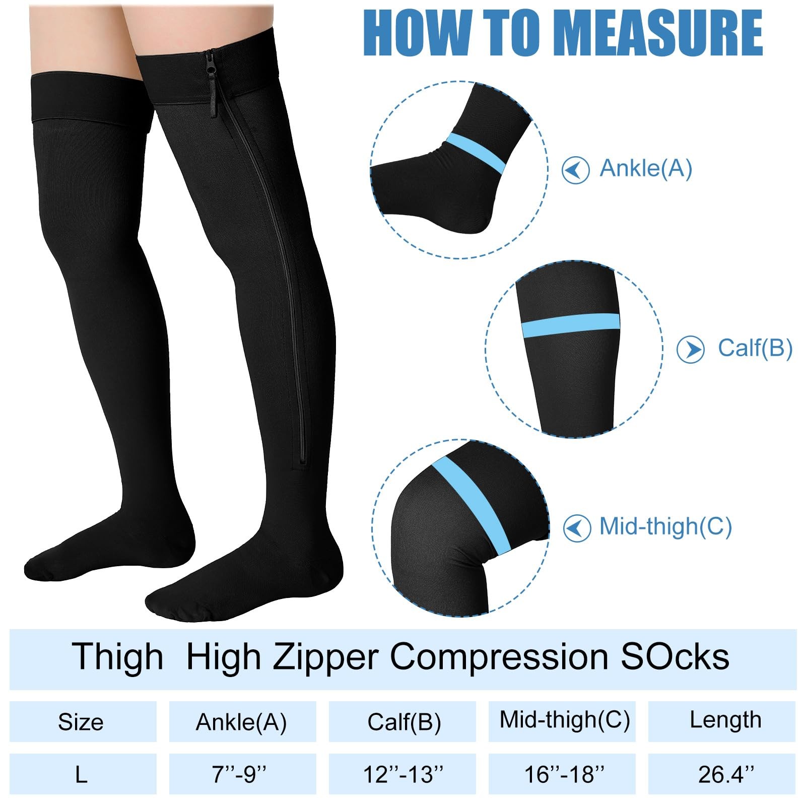 2 Pairs Zipper Compression Socks Thigh High 20–30 mmHg Closed Toe Black Large