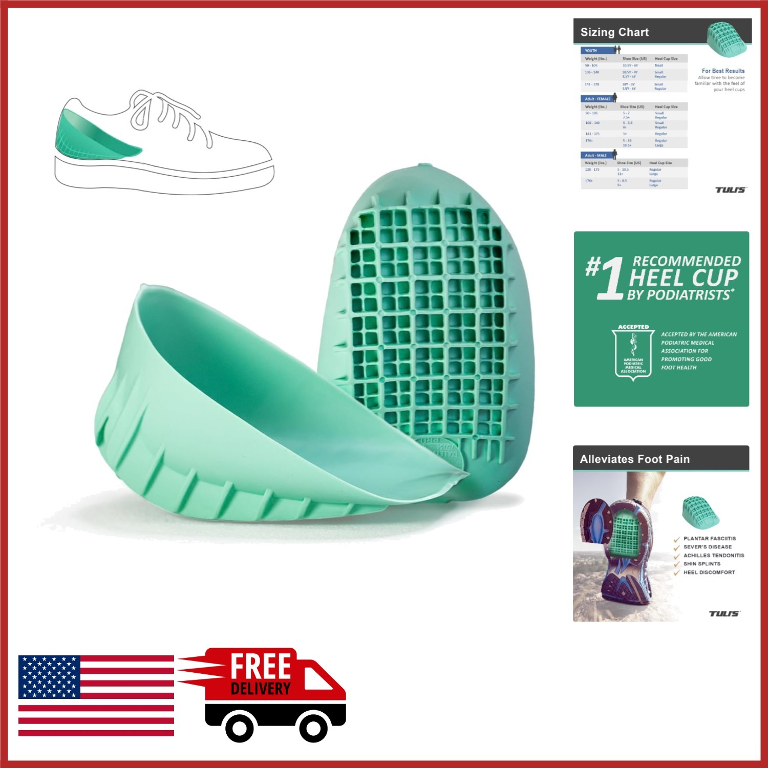 Cushioned Heel Cups for Achilles Tendonitis and Plantar Fasciitis Green