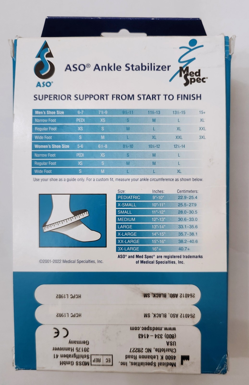 Med Spec ASO Ankle Stabilizer Brace Small Black New Box Damage Ankle Support