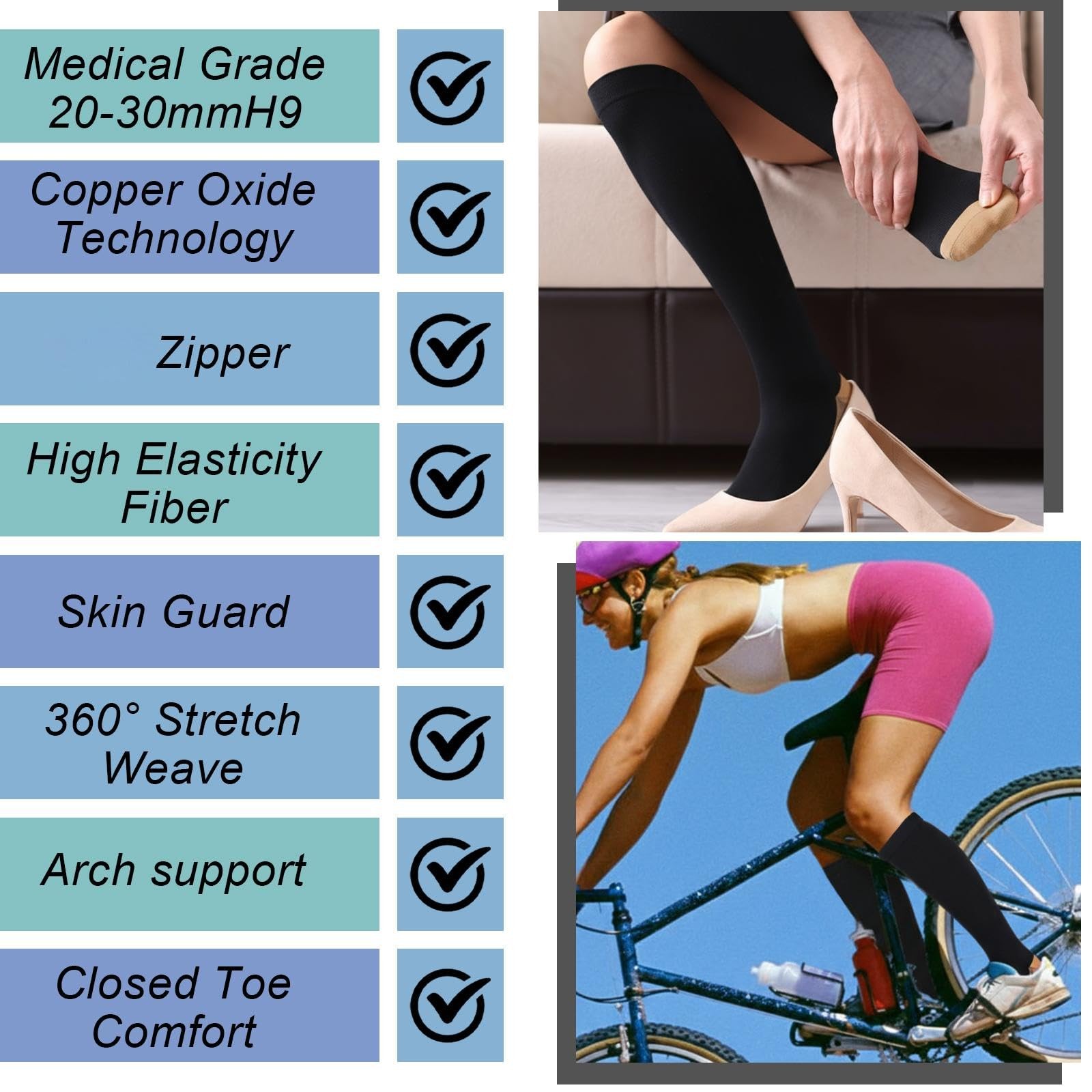 Tarpop 4 Pair Zipper Compression Socks Closed Toe 20-30 Mmhg Calf Knee High Comp