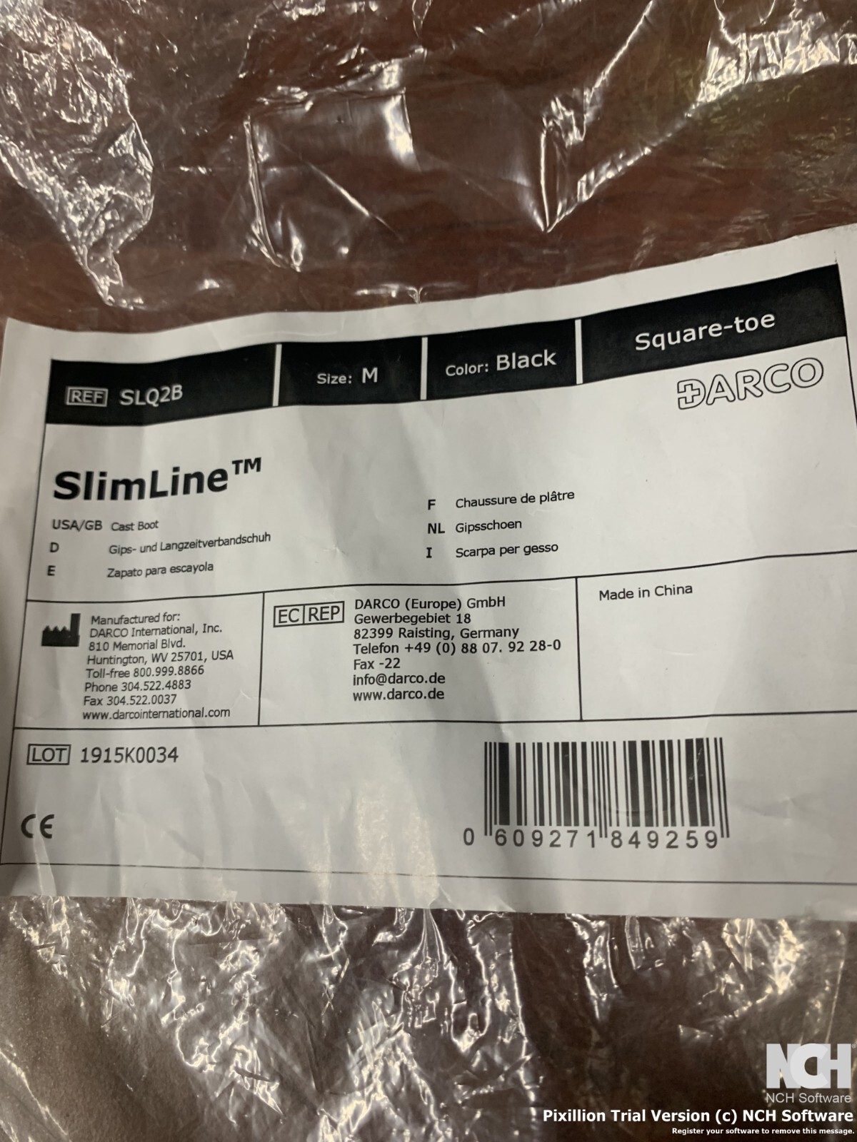 Darco SlimLine Cast Boot Medium, SLQ2B, Black, Square Toe