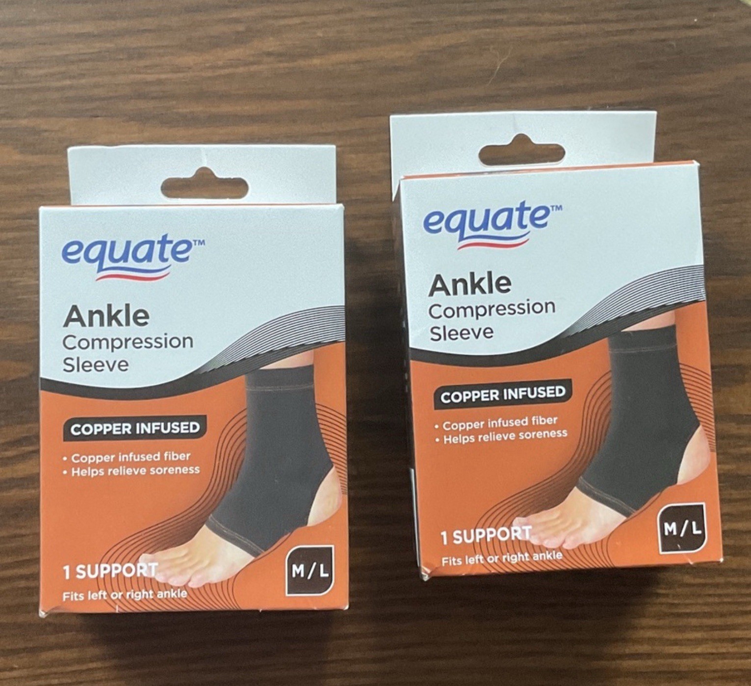 2 x Copper Infused Ankle Compression Sleeve Brand New Equate Brand
