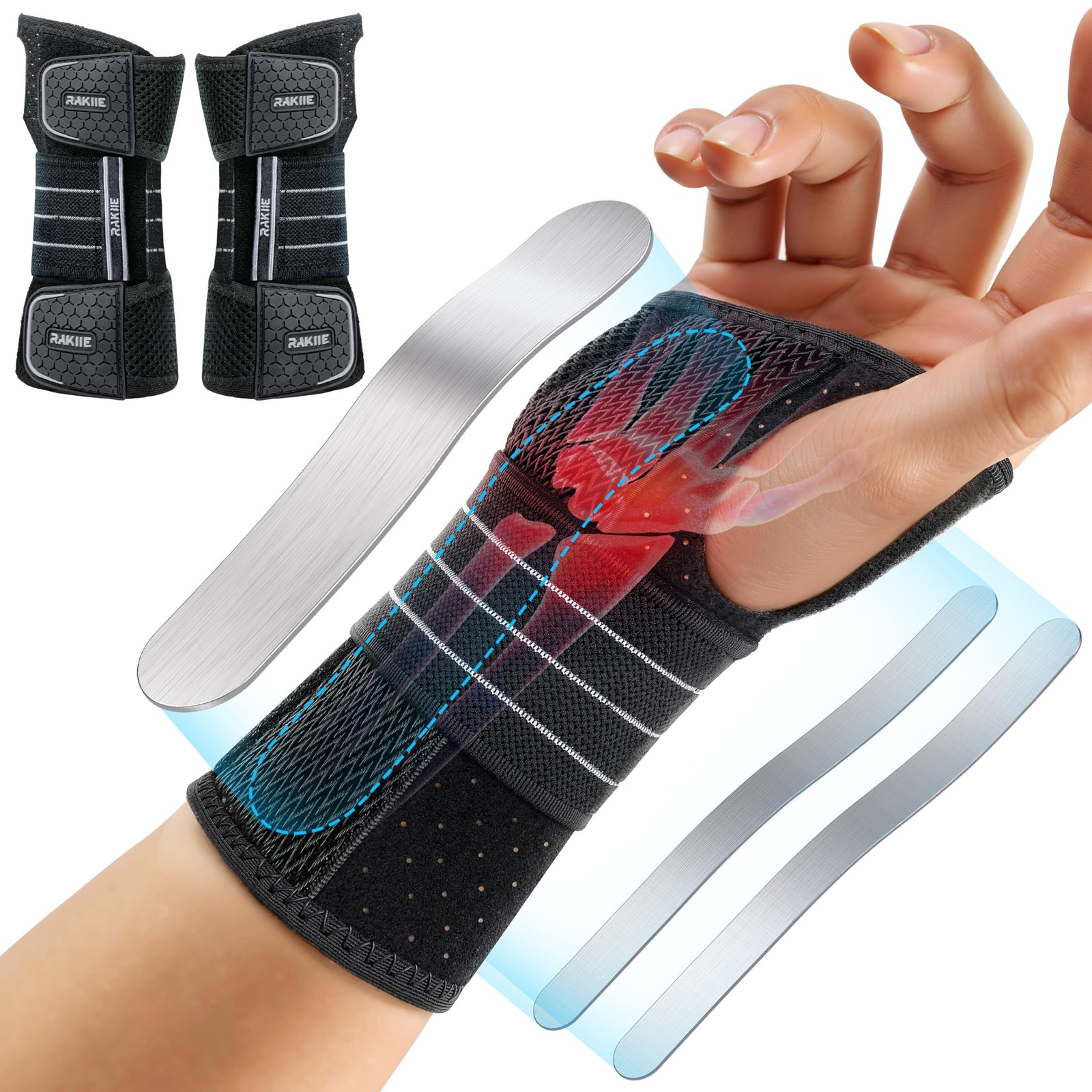 Rakiie 2 Pack Carpal Tunnel Wrist Braces, Adjustable Night Wrist Support with…