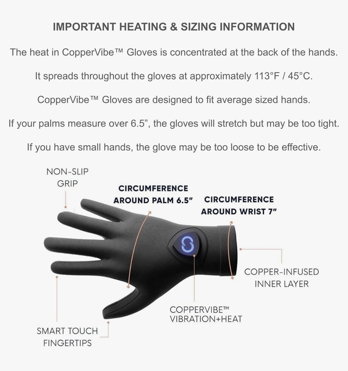 Copper Compression CopperVibe Vibration Heat Therapy Gloves Black (1 Pair)