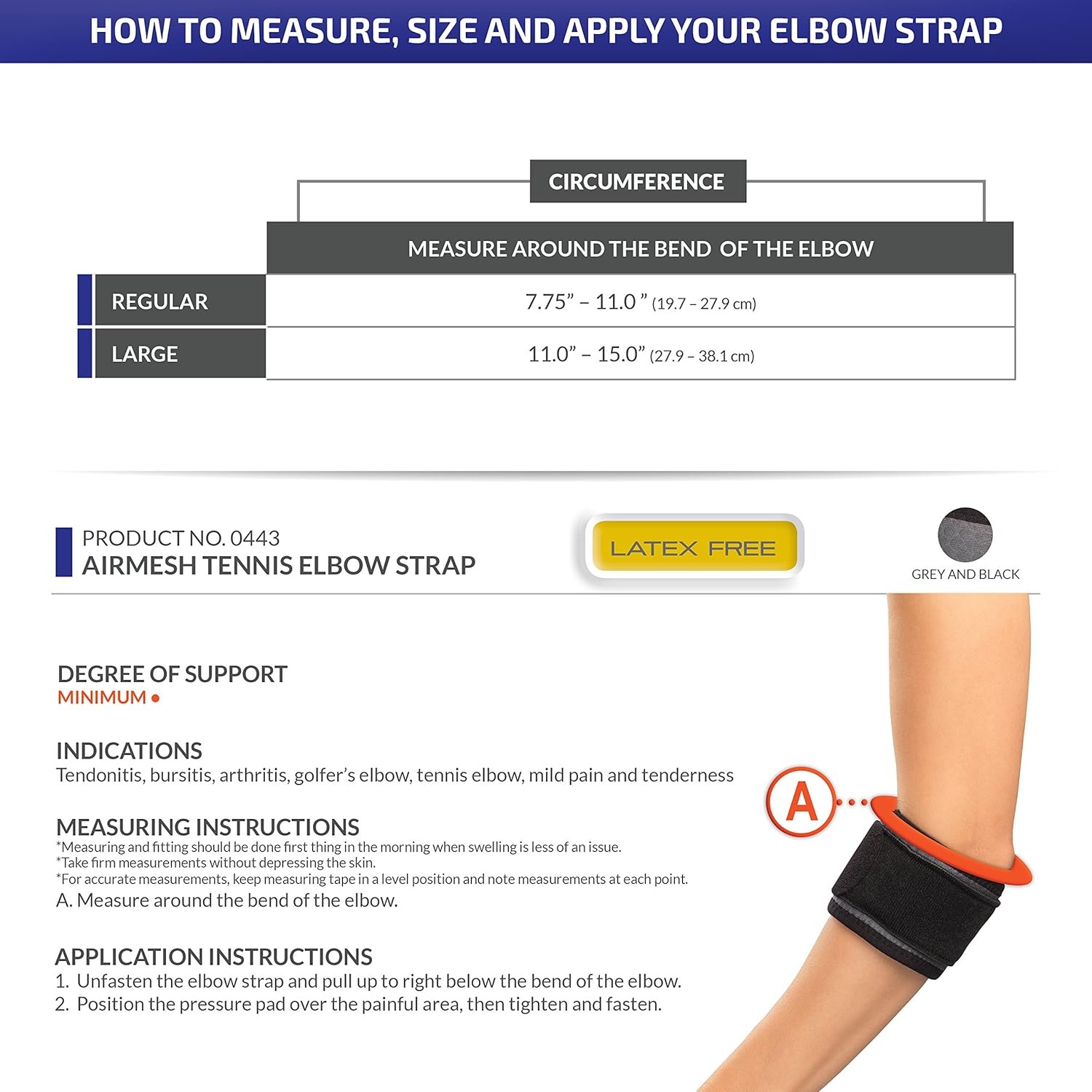 Champion Tennis Elbow Strap, Adjustable Support, Airmesh Fabric, Black, Regular
