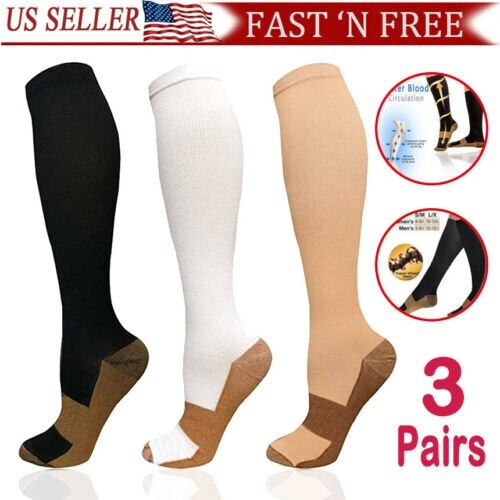 Copper 3 Pairs Compression Socks Running 30 – 40 mmHG Foot Pain Relief S/2XL