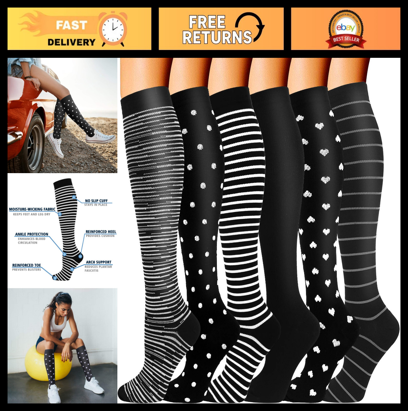 6 Pairs Knee High Compression Socks 20-30mmHg for Men & Women – Sports & Circula