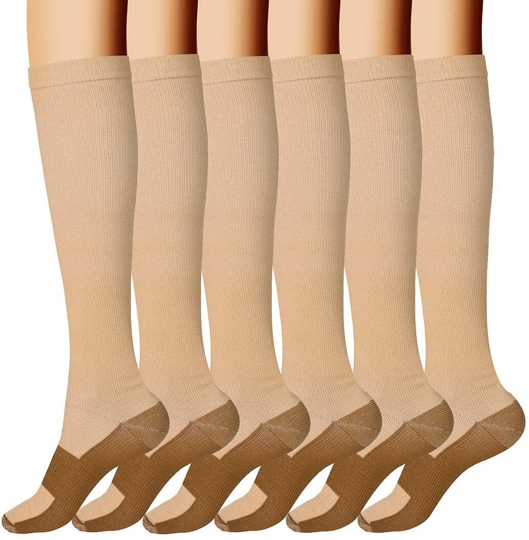 6 Pairs Copper Compression Socks 20-30mmHg Graduated Support S-XXL for Men Women