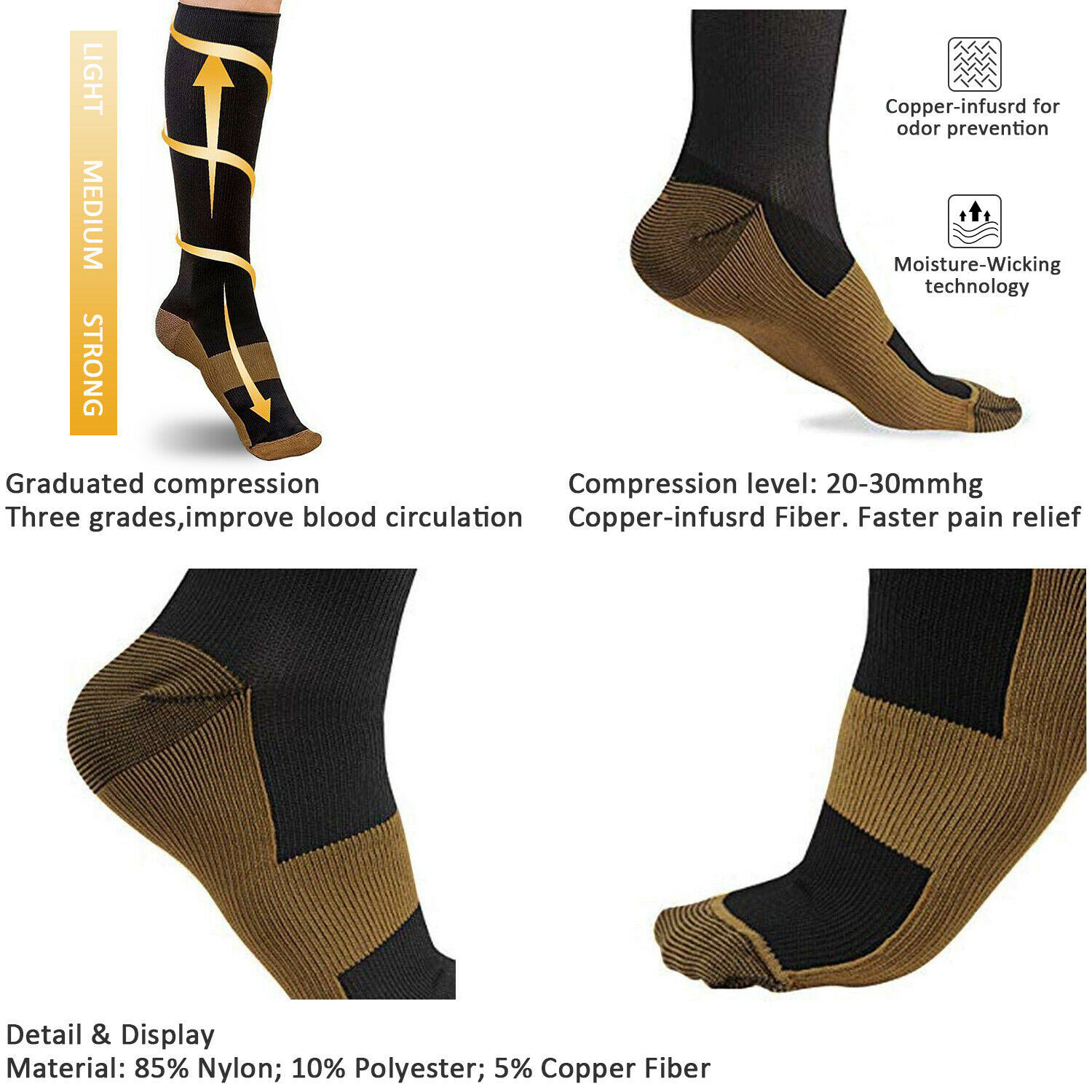 3 Pairs Copper Compression Socks For Knee High 20-30mmHg Energy Support Recover