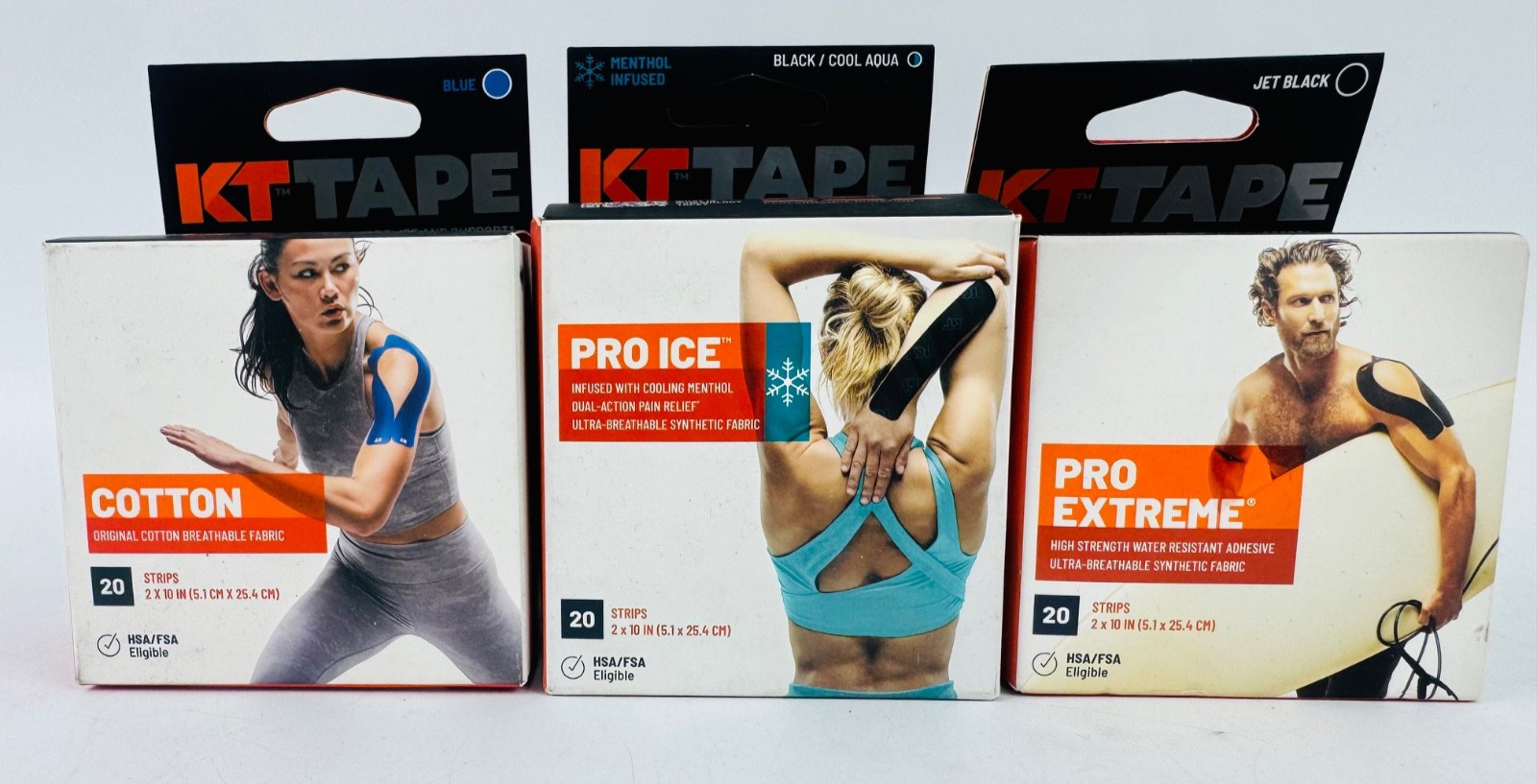 KT Tape Bundle: Cotton, Pro Ice & Pro Extreme, 3 Pack 20 Strips Each