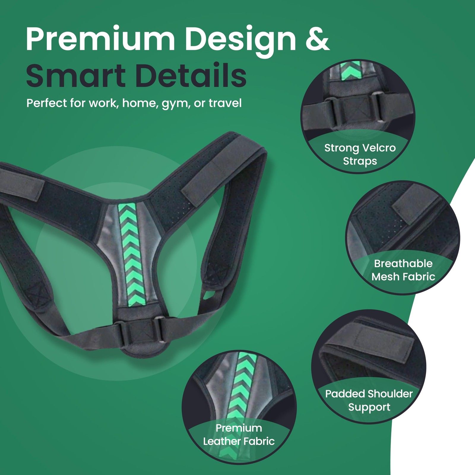 Posture Support Brace for one size (Adjustable), Black with Green Accent