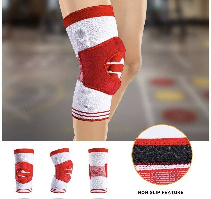 Knee Compression Sleeve Brace w Side Stabilizers, Patella Gel Pads (MEDIUM, Red)