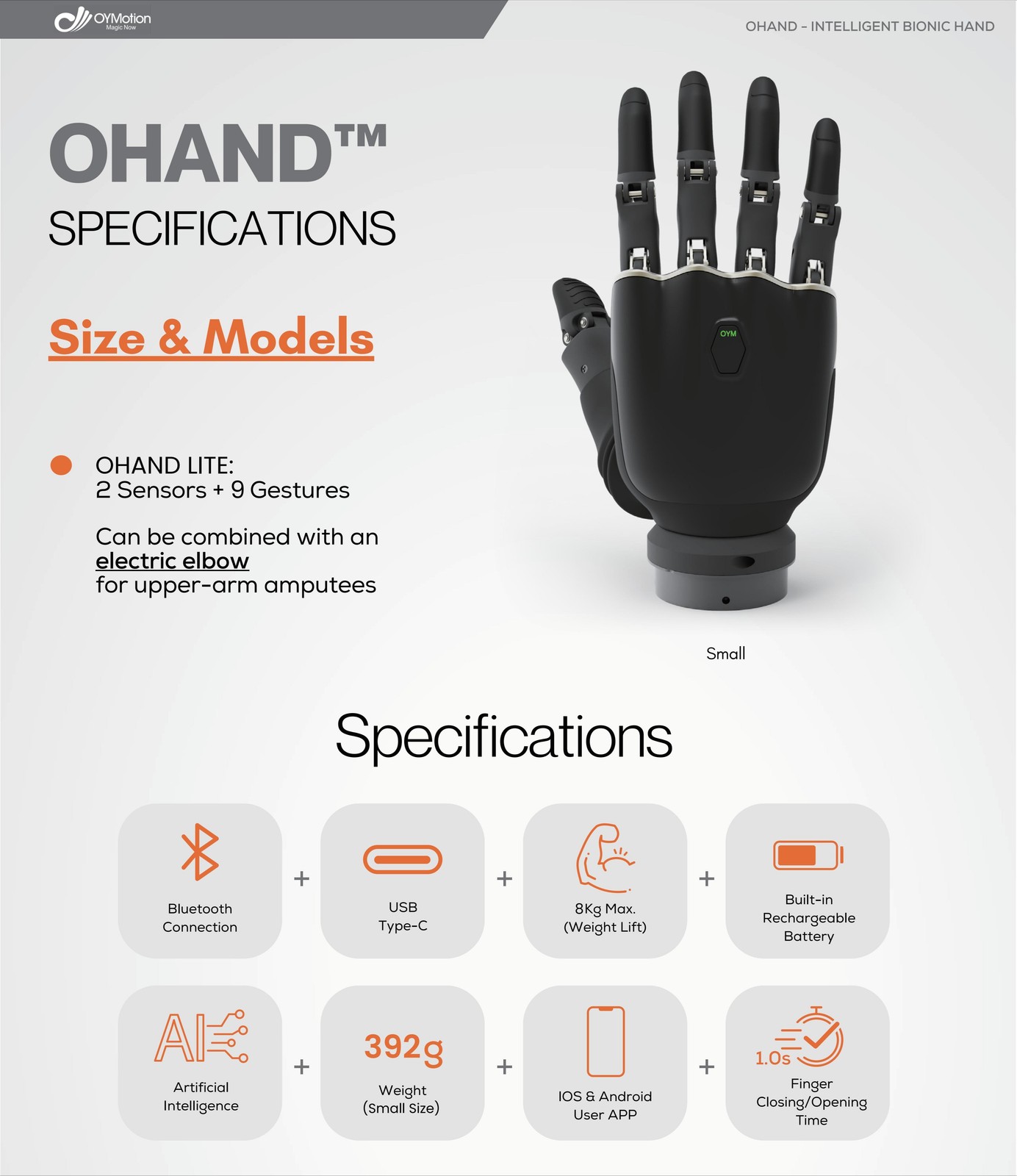 OHand Lite(ES version) 2-Channel Intelligent Bionic Hand for Upper-Limb Amputees