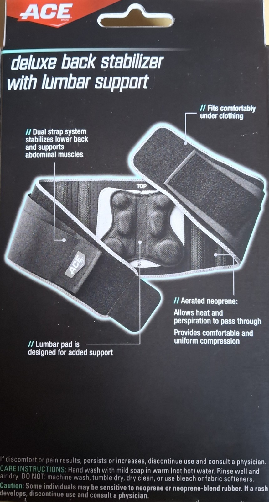ACE Deluxe Back Stabilizer Back Brace Lumbar Support Adjustable Black Neoprene