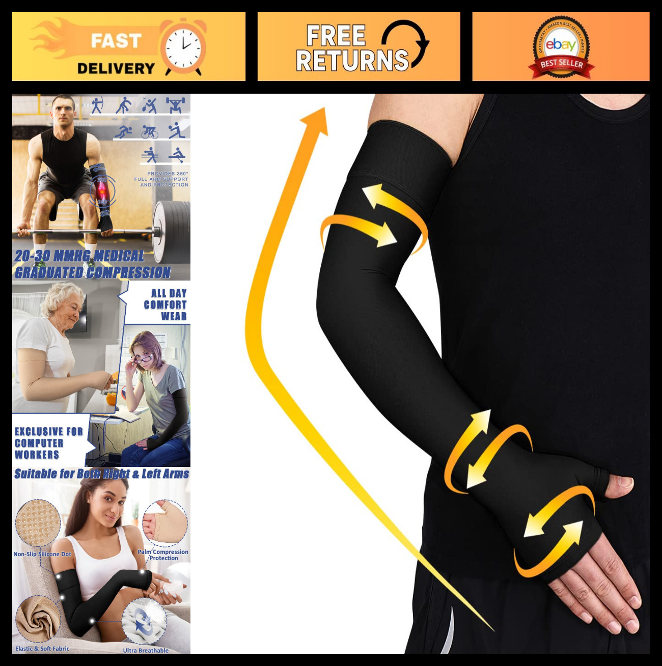 Compression Arm Sleeve with Gauntlet for Men & Women, 20-30 mmHg Support, Silico