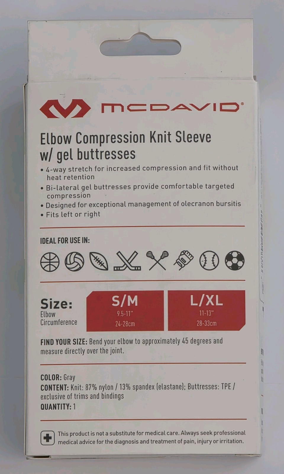 NEW McDavid Sport Elbow Compression Sleeve w/Gel Buttresses L/XL