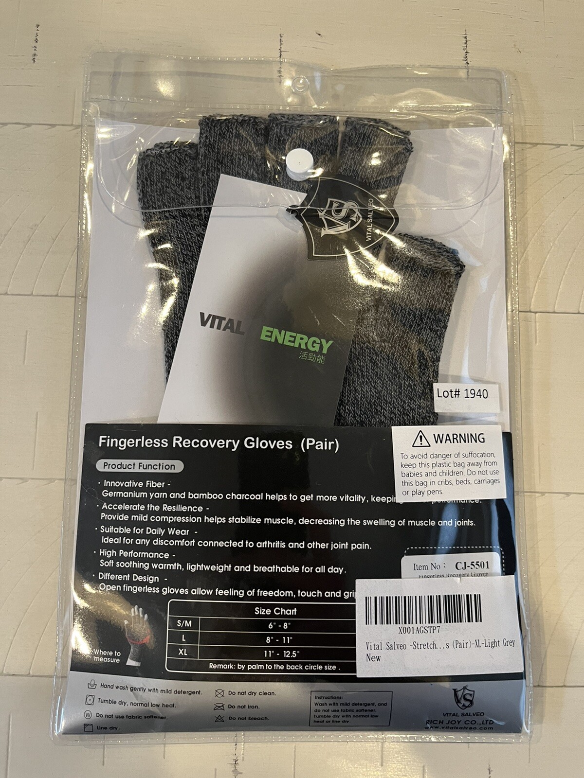 Fingerless Arthritis Circulation Compression Gloves in Gray Size XL
