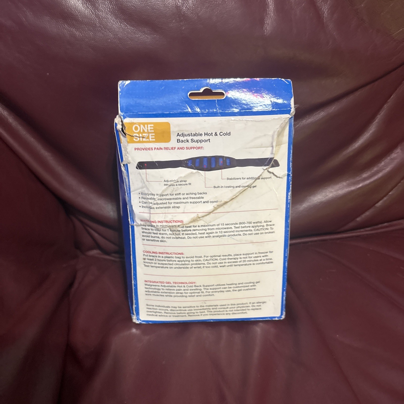Walgreens Back Support Adjustable One Size Reusable Splints Microwaveable Freeze
