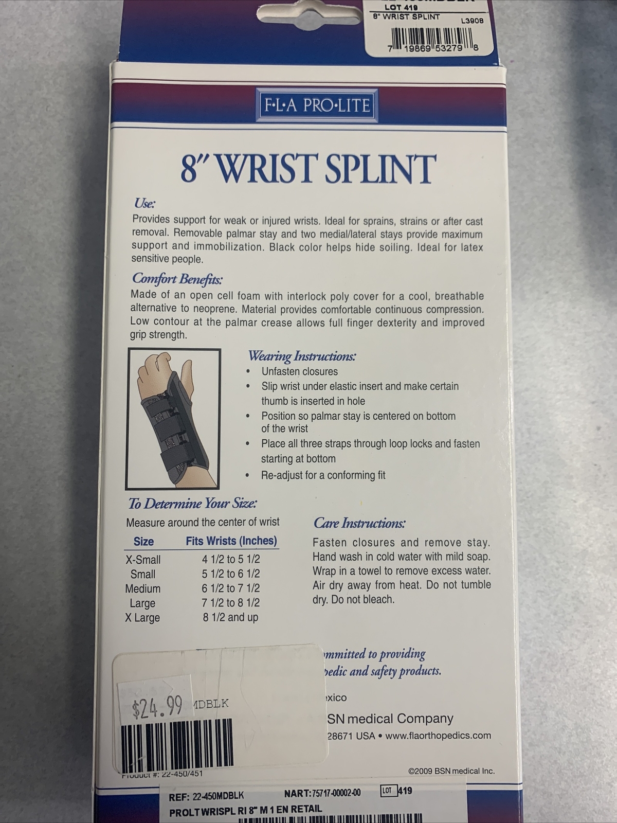 FLA Pro-Lite 8″ Wrist Splint Black Right Hand XS
