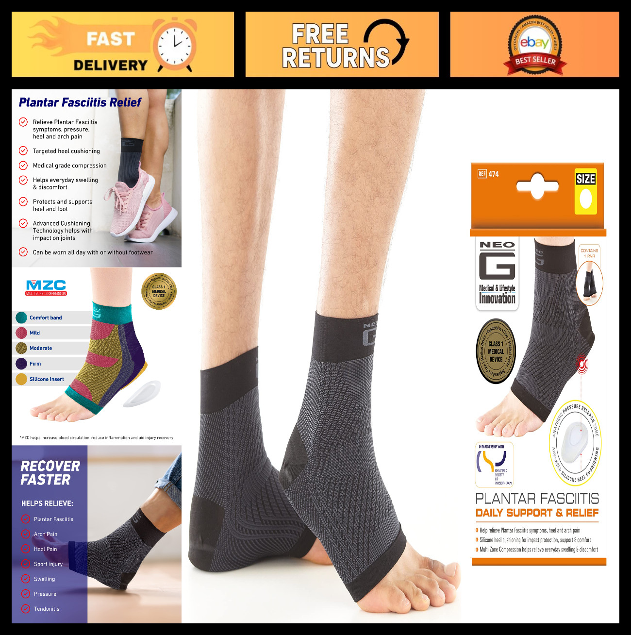 Plantar Fasciitis Compression Socks – Heel & Arch Pain Relief, Silicone Cushion