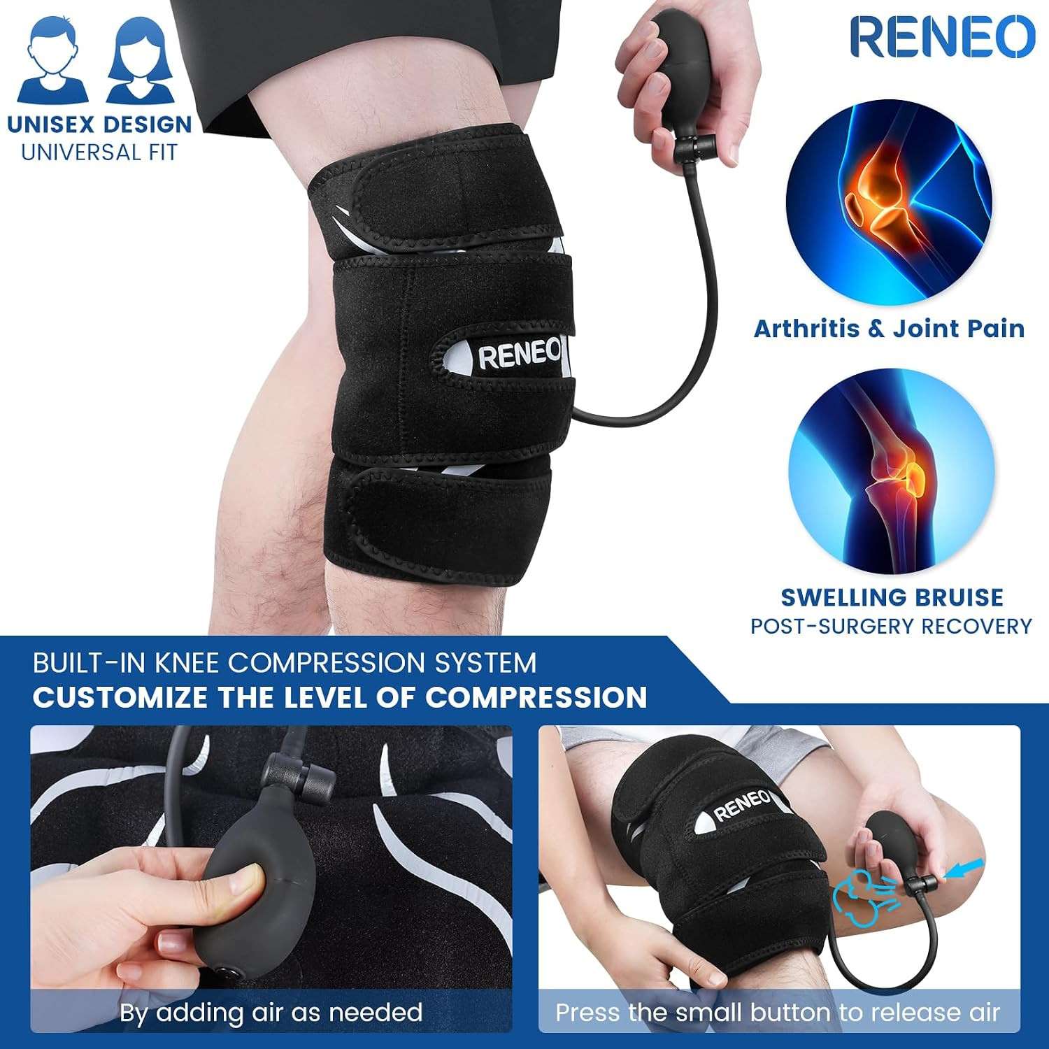 Compression Knee Ice Pack Wrap with Air Pump | Adjustable Knee Brace with Cold P