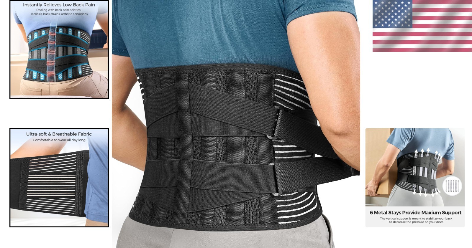 Back Brace for Lower Back Pain Relief – Adjustable with 6 Support Stays