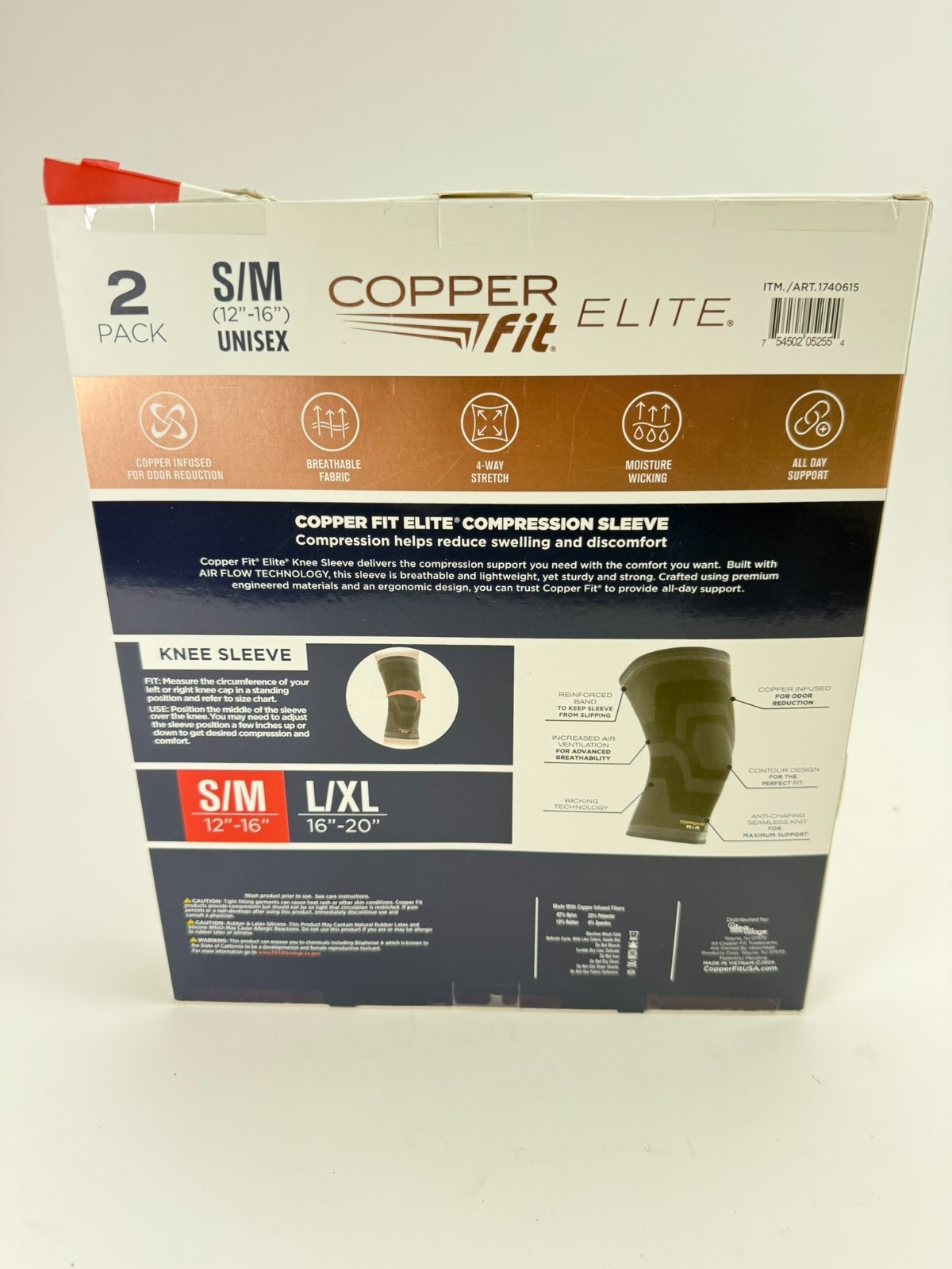 Elite Copper Fit Knee Compression Sleeve Flexible S/M 12″-16″, 2-PACK