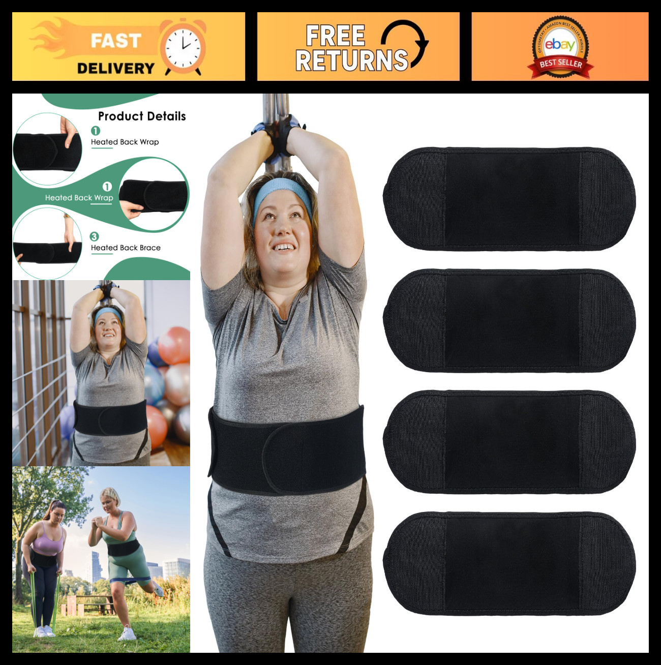 4 Pcs 14.5″ Elastic Extender Straps for Back, Knee, Arm, Leg Braces & Belts