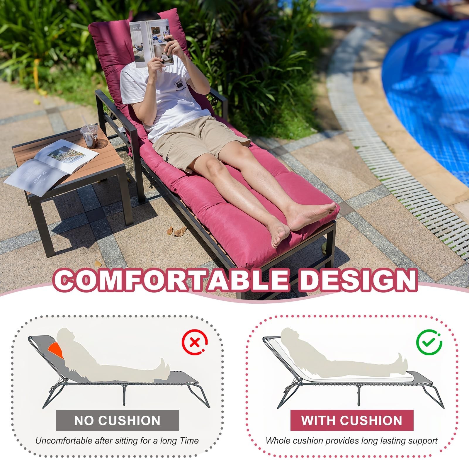 Outdoor Lounge Chair Cushions, 74.4 x 22 x 4.7 Inches Waterproof Fade Resista…