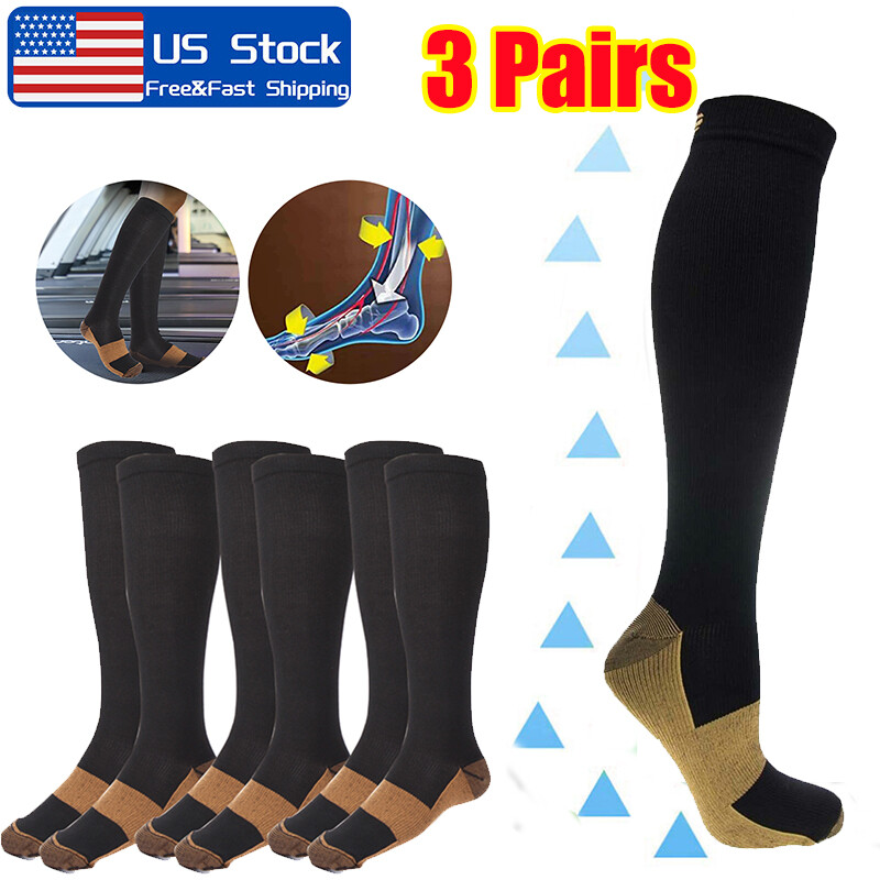 3 Pairs Copper Compression Socks 20-30mmHg Graduated Support Mens Womens S/M-XXL