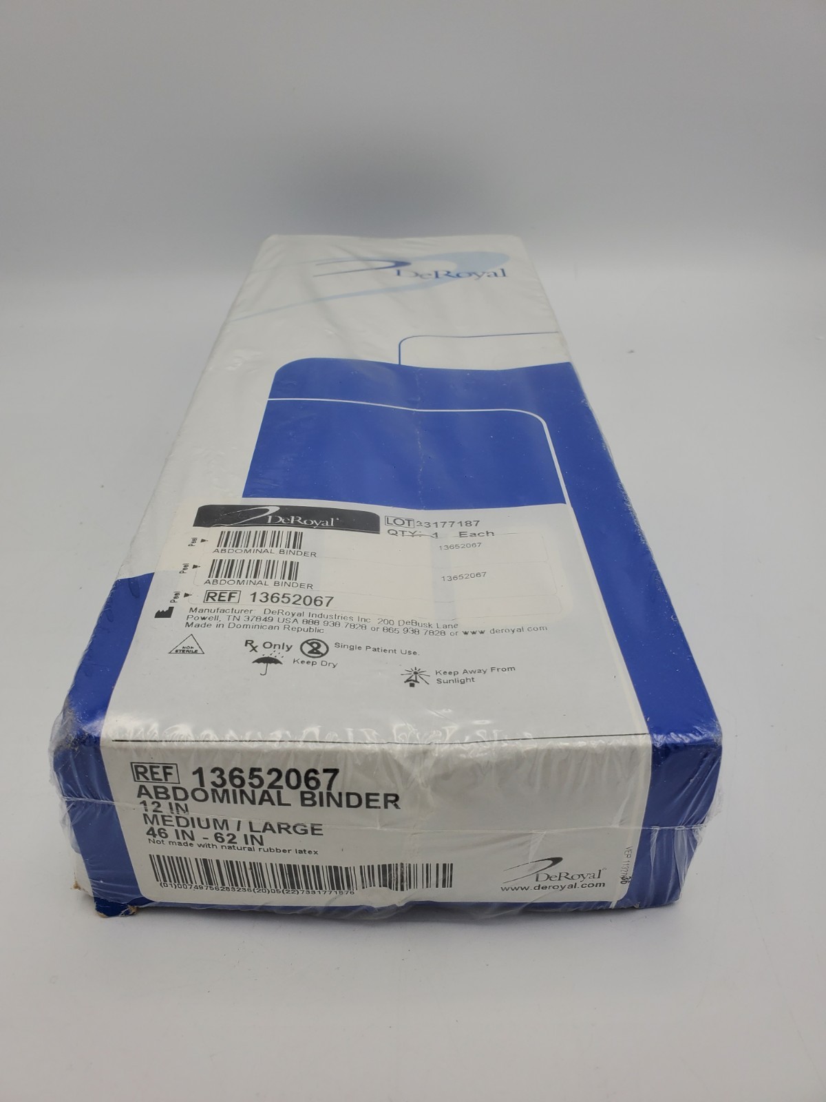 DeRoyal Abdominal Binder 13652067 Med/Lg 12” 46-62″ Elastic Closure-New Sealed