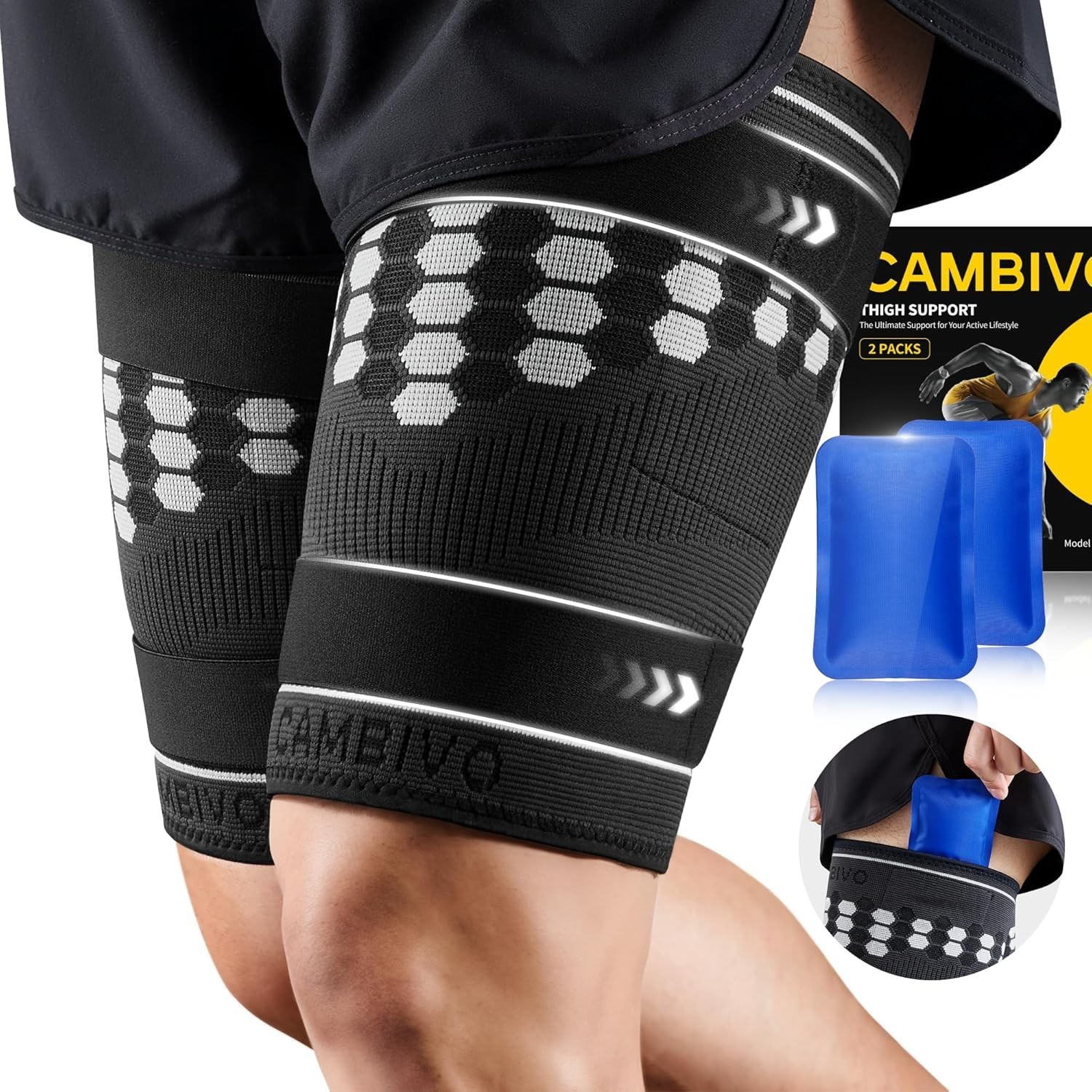 Thigh Compression Sleeves w/ Hot & Cold Gel Pack Adjustable Sciatica Support Med
