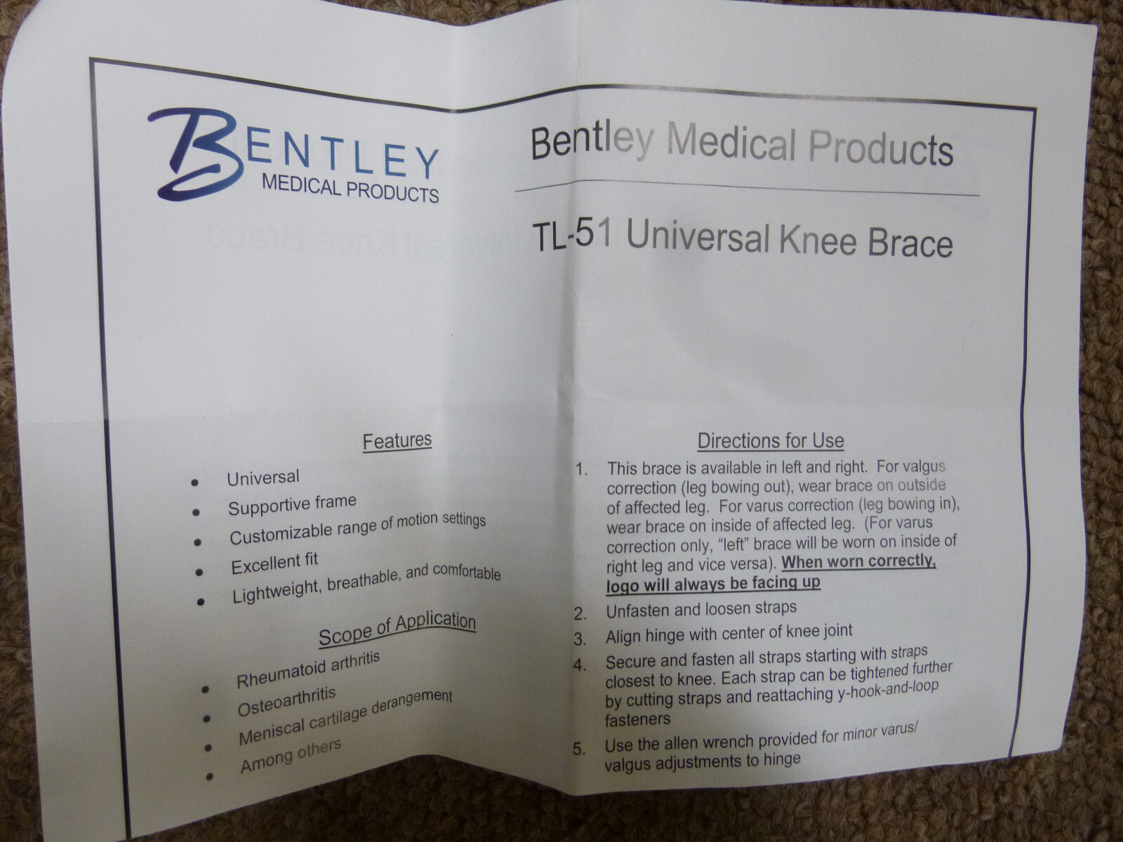 New Bentley TL-51 Universal Knee Brace Right Leg
