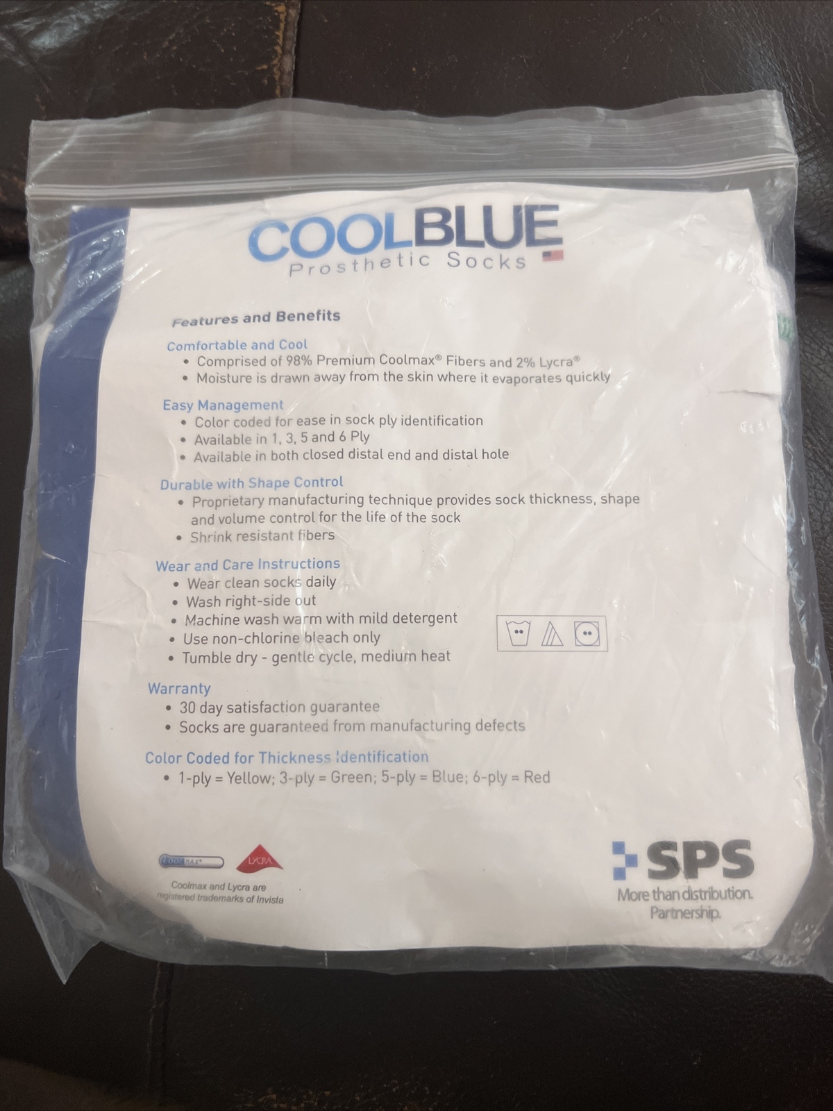 Cool Blue Prosthetic Socks 3-Ply w/ Sewn Hole Size 3-4 Length 16-20
