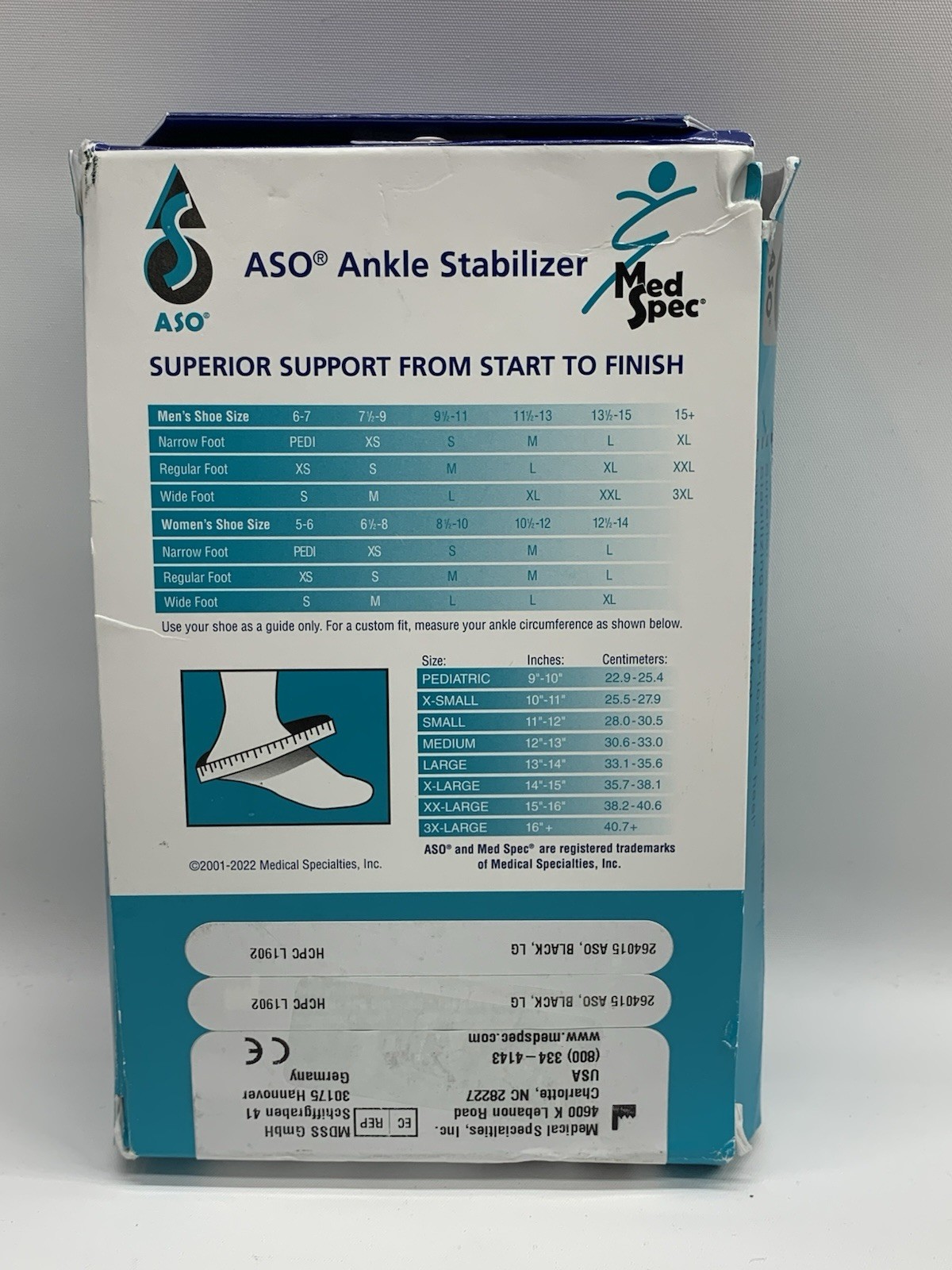 Med Spec 264015 ASO Ankle Support Stabilizer Black Large for Ankle Injury Sprain