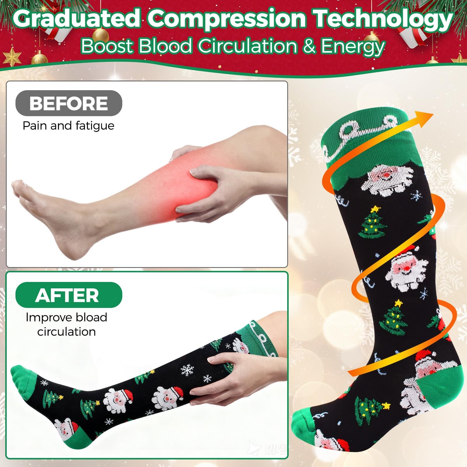 6 Pair Christmas Pattern Compression Socks for Women & Men, Cute Support Stoc…