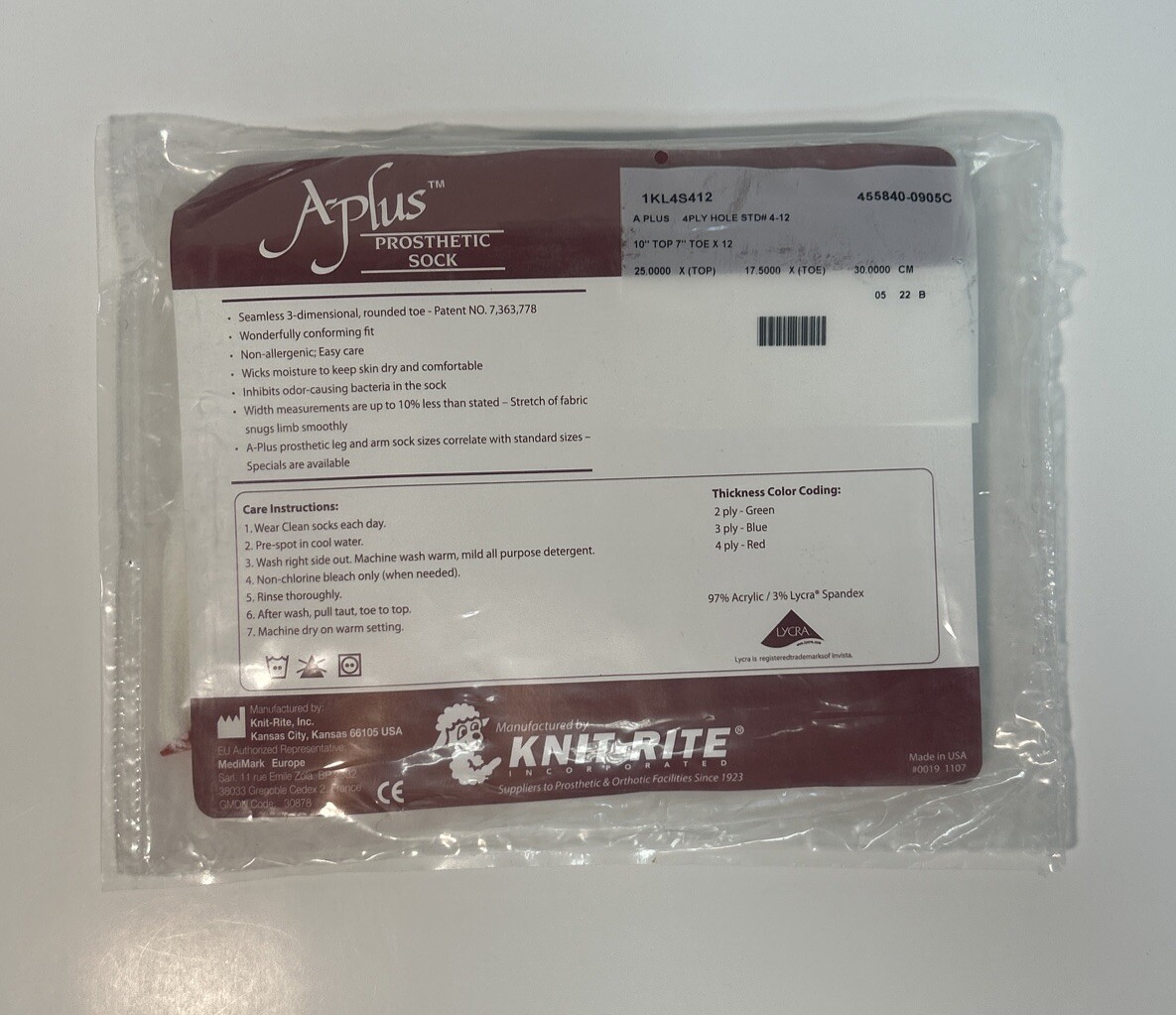 Knit- Rite A-Plus Sock Prosthetic Sock, Size 4, 10″ Top 7″ Toe, Ply 4