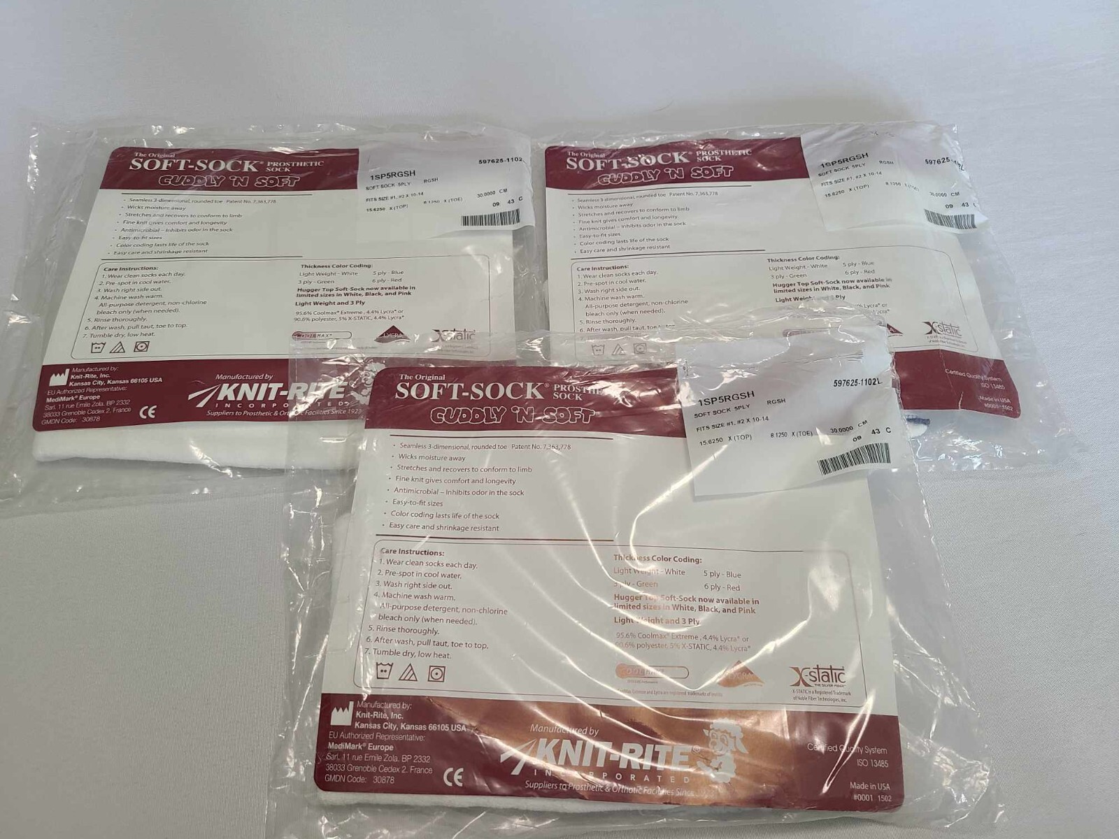 Lot of 3-NEW! Knit-Rite Soft Sock Prosthetic 1SP5RGSH 5-PLY Soft #1, #2 x 10-14