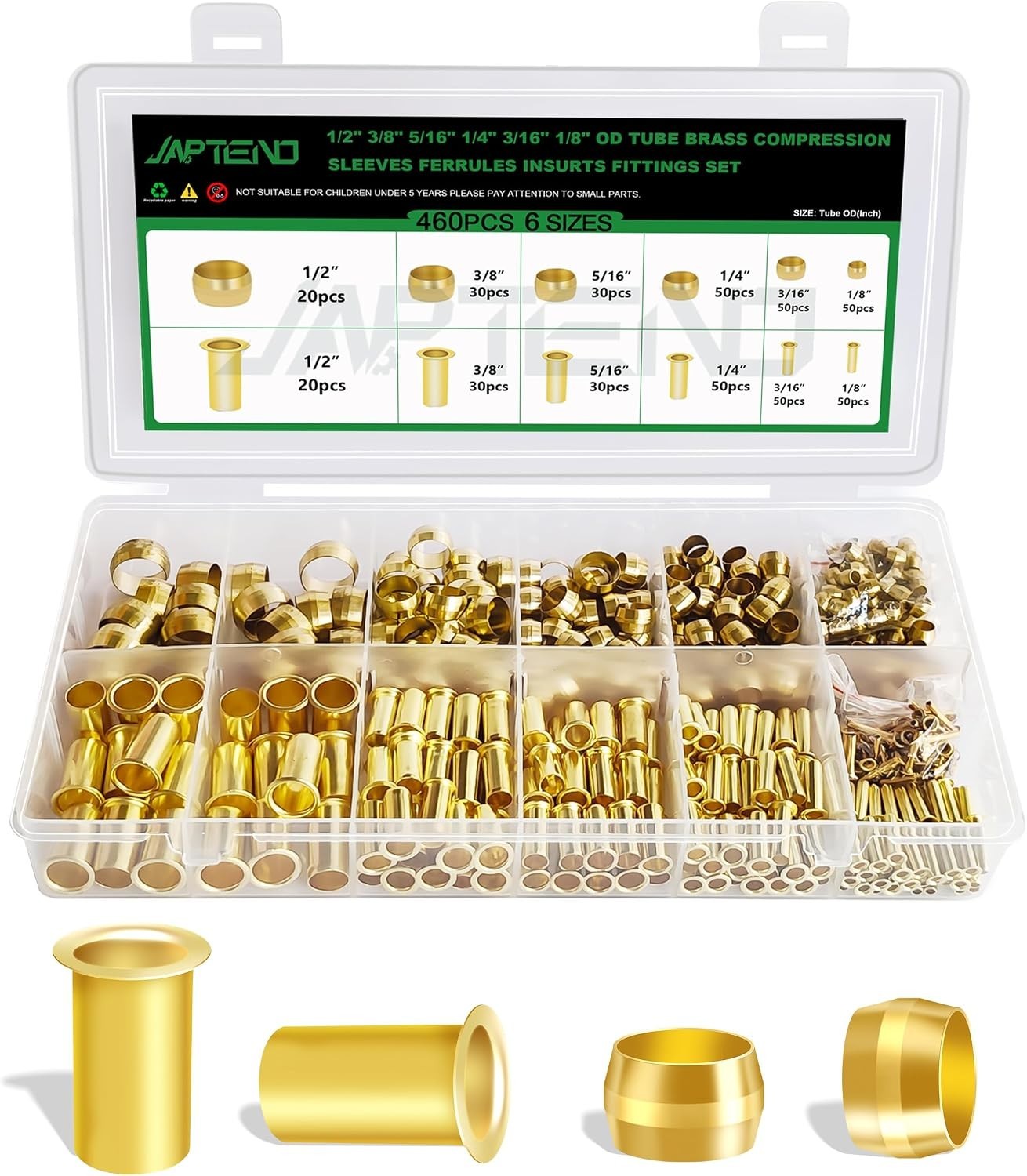 Comprehensive 460pcs Brass Ferrule Inserts in 6 Sizes for Pipe Connections