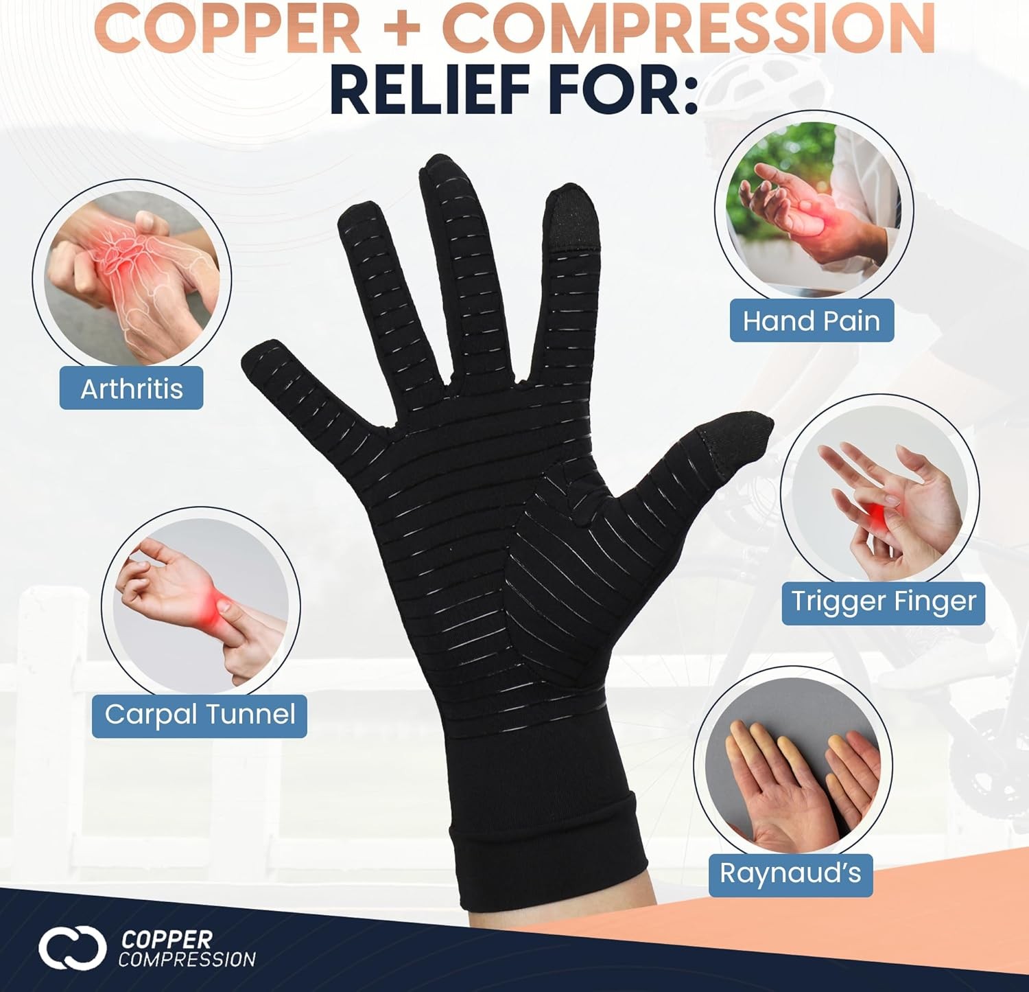 Copper Compression Full Finger Arthritis Gloves – Palm Grips – Touch Screen Fing