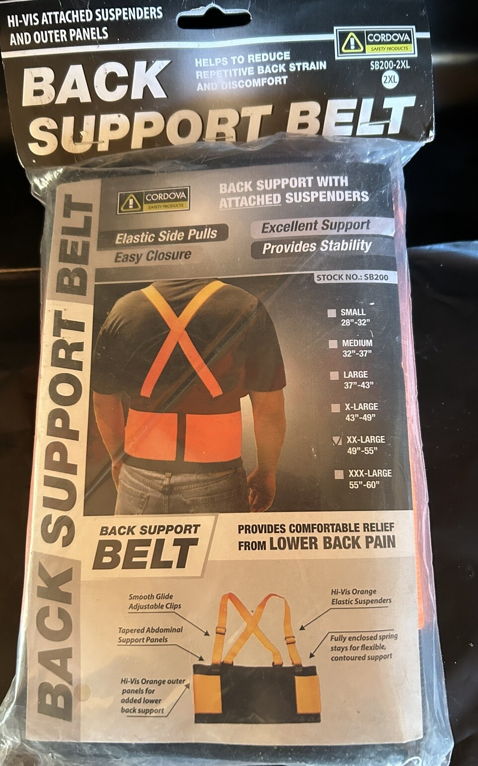 Back Support Belt 2XL Orange Cordova Safety Products Relieves Lower Back Pain