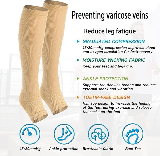 Toeless Compression Socks 15-20 mmHg, 2 Pairs open toe Knee High Support
